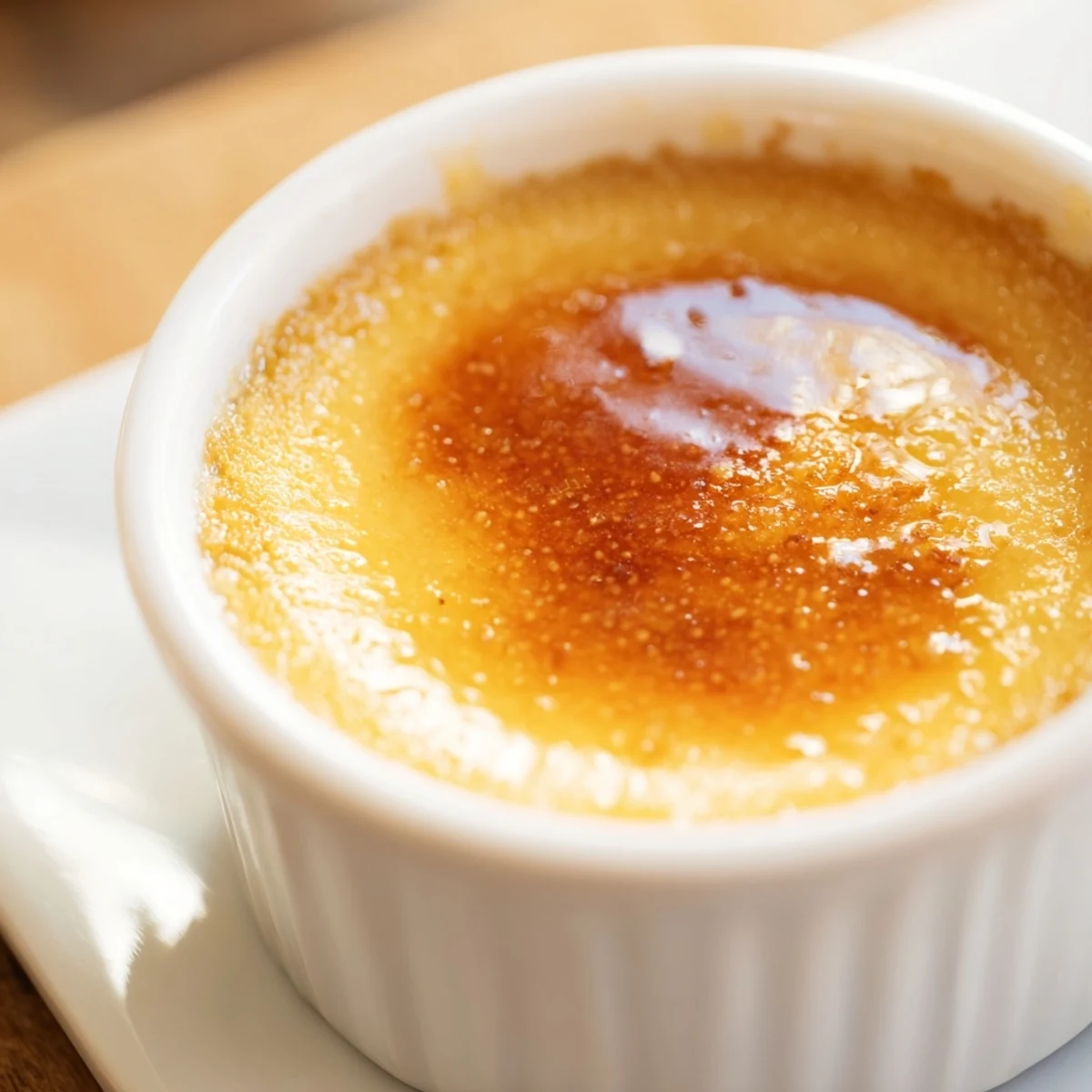 Silky vanilla-scented classic baked milk pudding set in individual ramekins with a spoon ready.