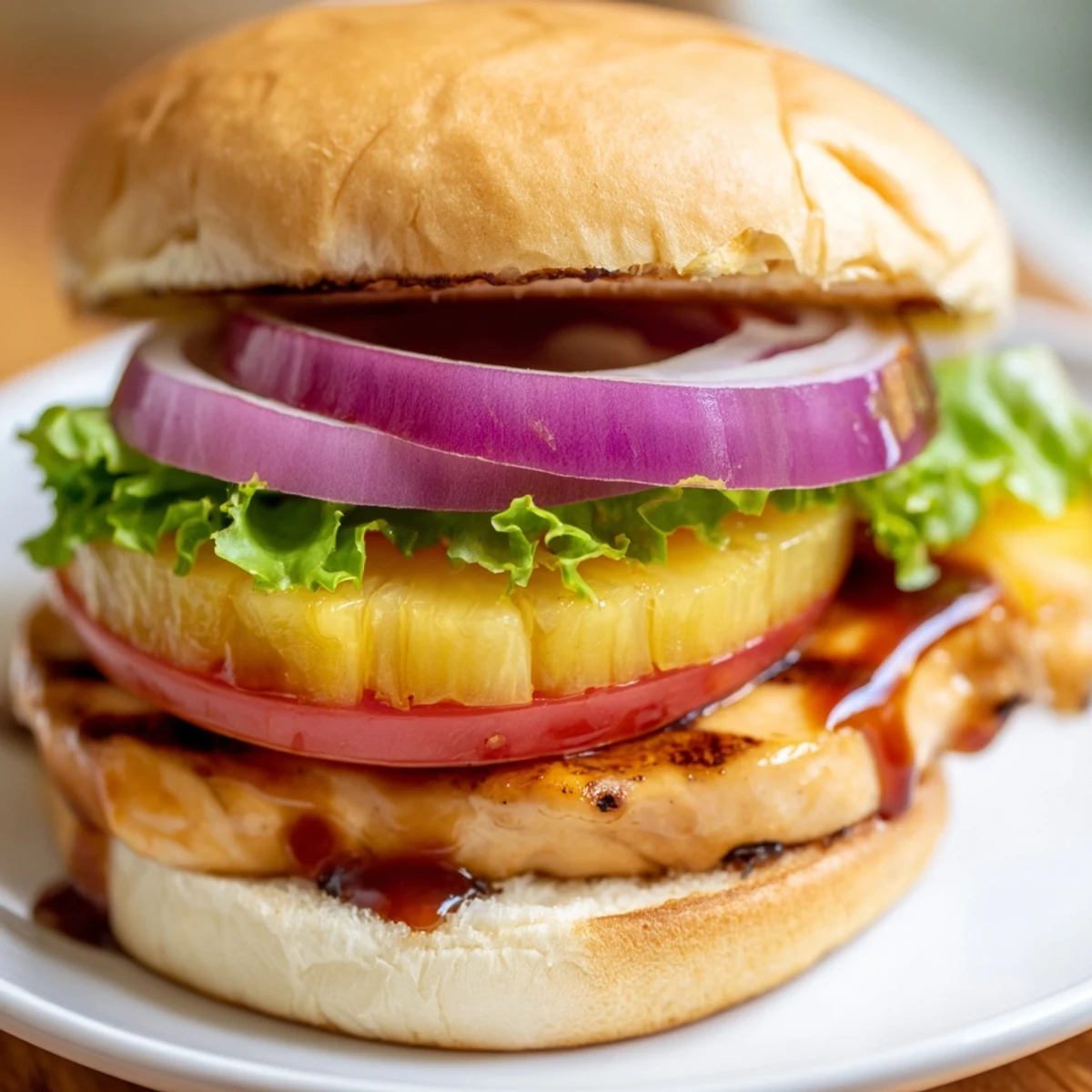 The grilled Hawaiian Pineapple Chicken Burger served on a plate with fresh lettuce, tomato, and red onion slices for a tropical meal.