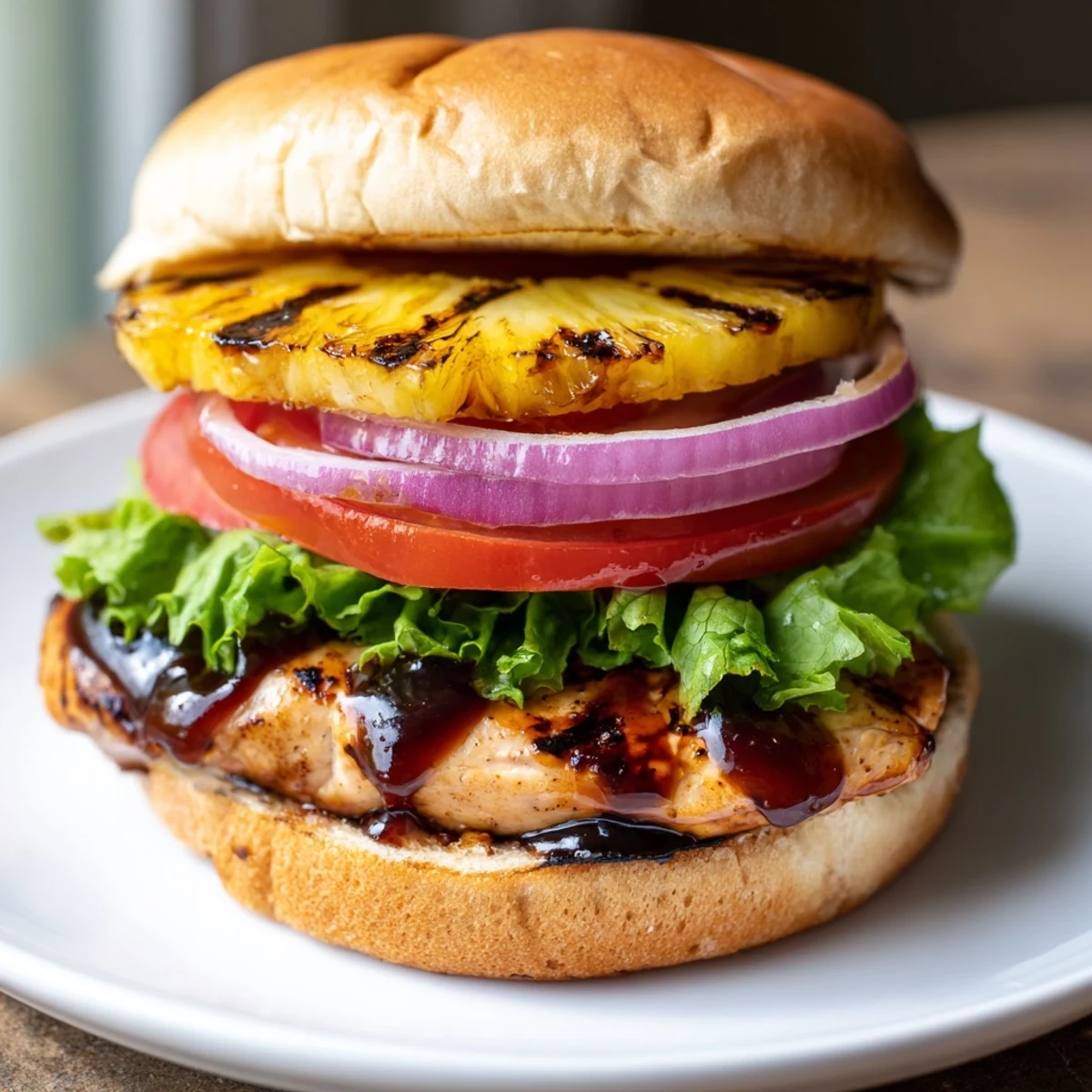 A close-up of the Hawaiian Pineapple Chicken Burger with grilled chicken, caramelized pineapple ring, and tangy teriyaki sauce on a soft bun.