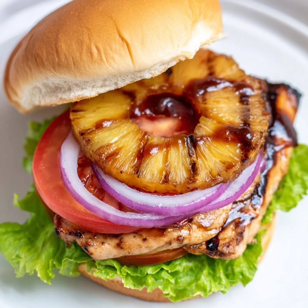 Juicy Hawaiian Pineapple Chicken Burger topped with sweet pineapple and teriyaki glaze, ready to enjoy with a side of sweet potato fries.