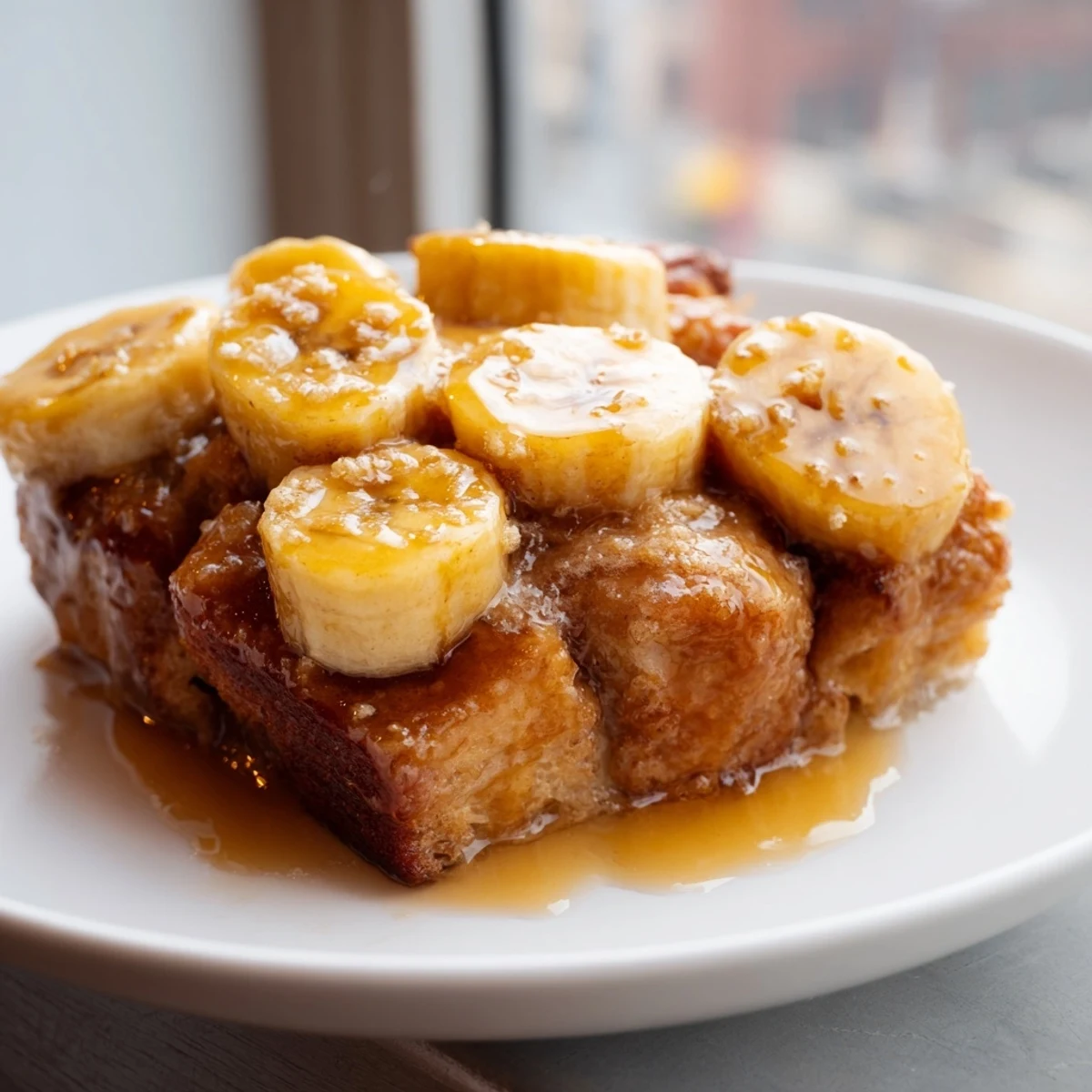 Golden-brown Creamy Bananas Foster Bread Pudding topped with caramelized bananas, perfect for a comforting dessert.