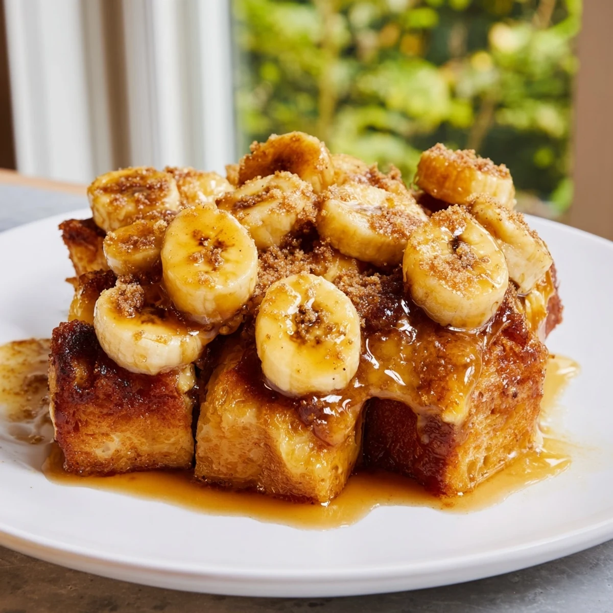 Freshly baked Creamy Bananas Foster Bread Pudding drizzled with rum-butter sauce, ready to serve with ice cream.