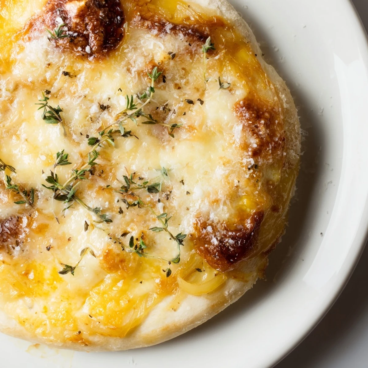 Golden brown caramelized onion pizza with gooey, melted mozzarella and fontina cheese on a rustic cutting board.  