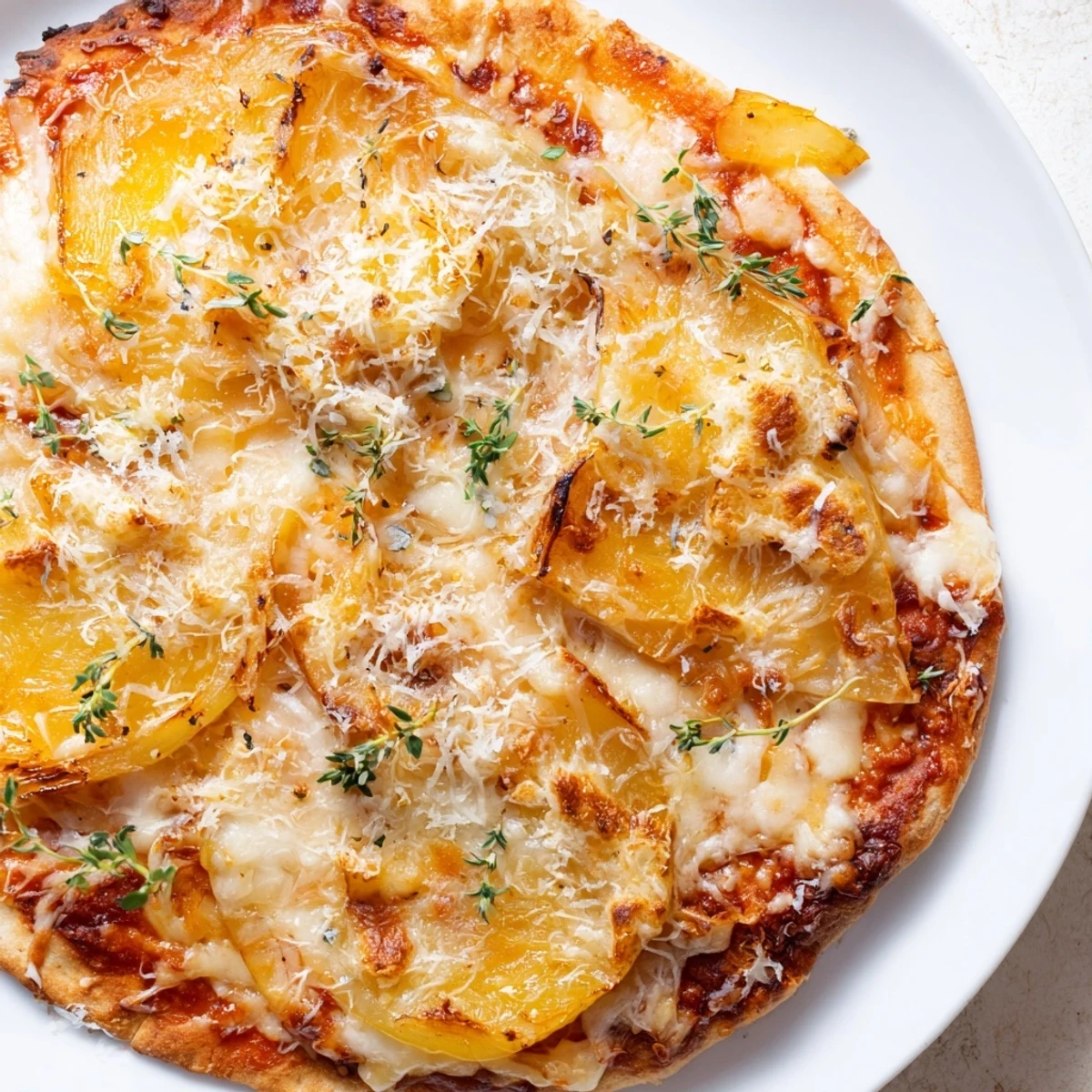 Sizzling caramelized onion pizza fresh from the oven, topped with bubbly, golden-brown mozzarella and fontina cheese.  