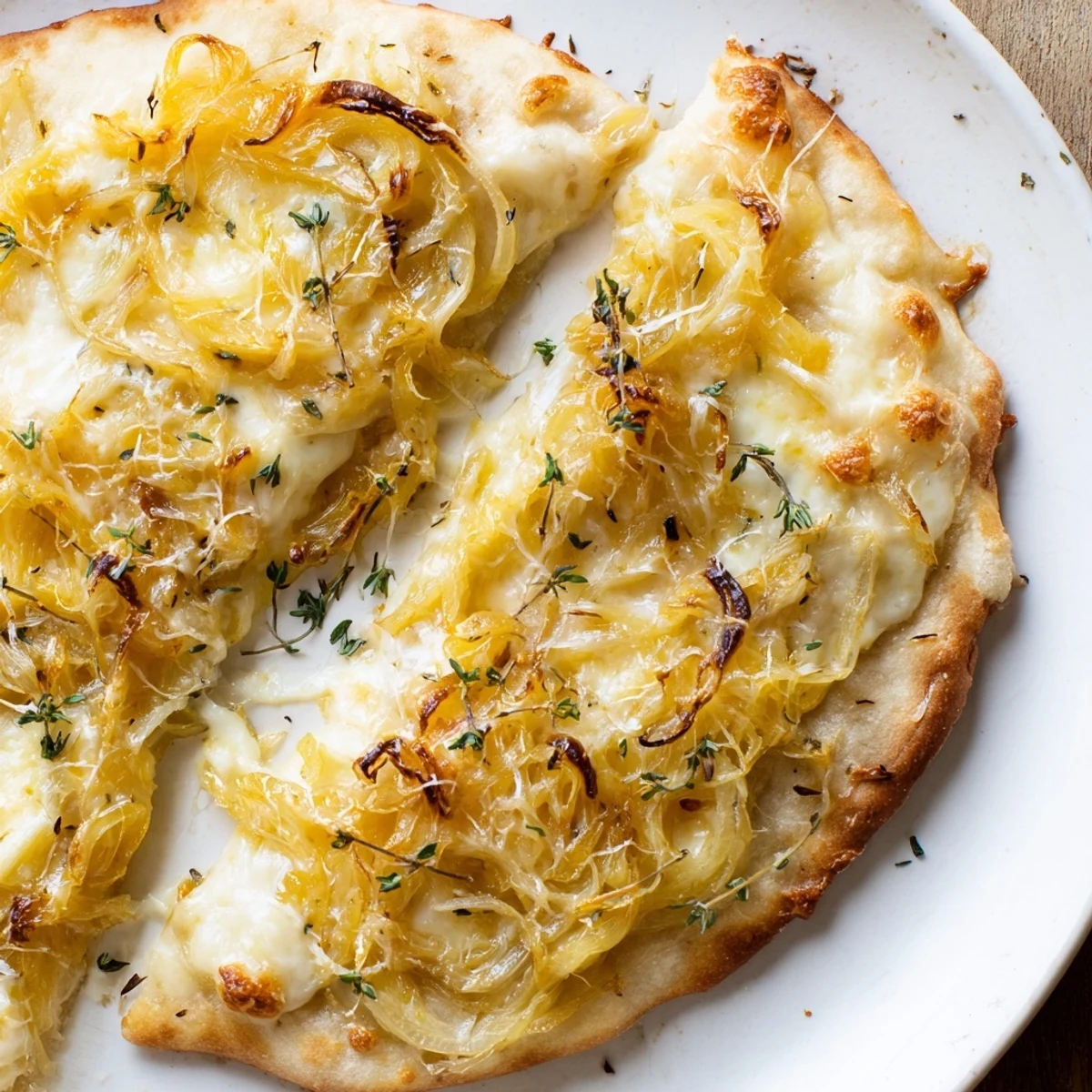 Slice of caramelized onion pizza on a plate with fresh thyme, melty cheese, and a rustic crust.