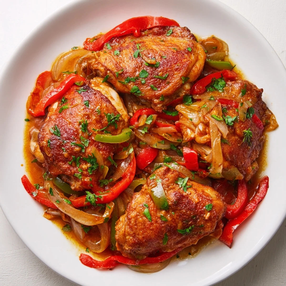 Golden-brown braised Catalina chicken thighs with sautéed onions and peppers bubbling in a tangy-sweet sauce in an oven-safe skillet.