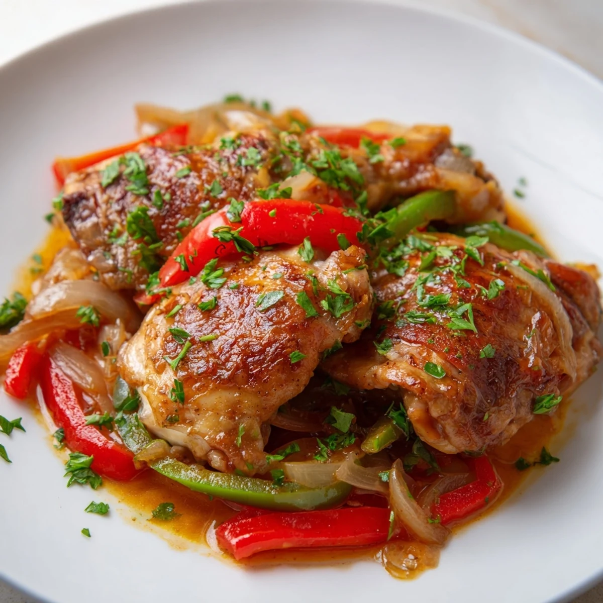 Hearty Braised Catalina Chicken served over fluffy white rice, garnished with fresh parsley and ready for a comforting family dinner.