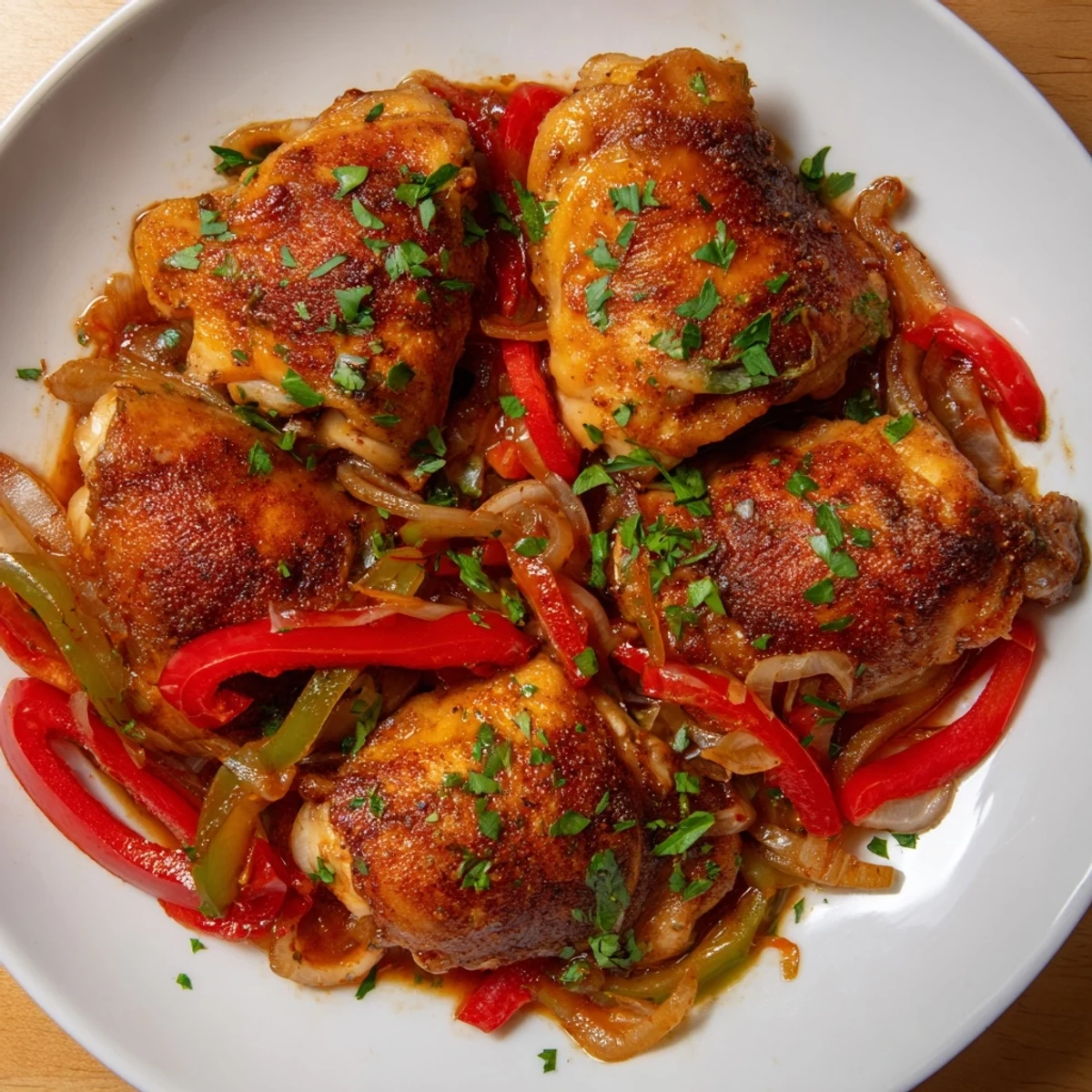 Tender bone-in chicken thighs braised in Catalina dressing with red and green bell peppers, creating a vibrant and flavorful main dish.