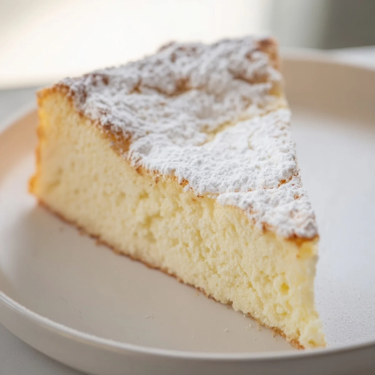 Fluffy Yogurt Cloud Cake sits on a white plate, dusted with powdered sugar and paired with fresh raspberries.