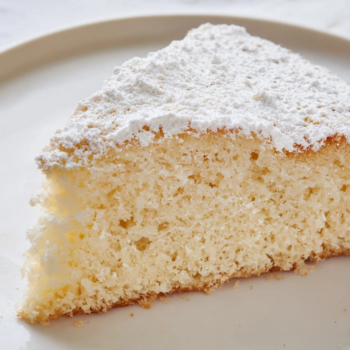 A close-up of Fluffy Yogurt Cloud Cake reveals its airy texture, golden top, and a dollop of whipped cream.