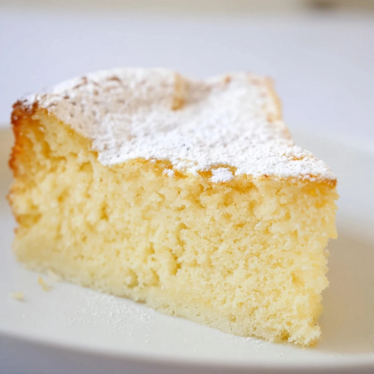 A slice of Fluffy Yogurt Cloud Cake is served on a dessert plate with a cup of tea nearby.