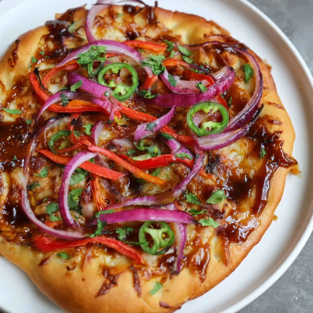 Golden, bubbly mozzarella melts over a crispy flatbread base, drizzled with sweet heat honey garlic flatbread pizza sauce and topped with red onion and cilantro.
