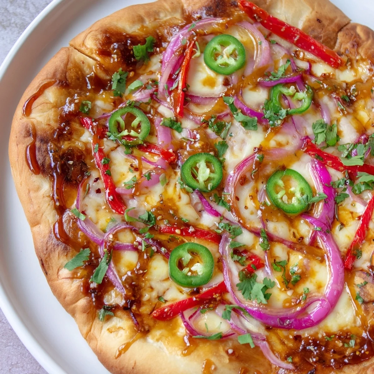 A close-up view shows slices of jalapeño and red bell pepper on the Sweet Heat Honey Garlic Flatbread Pizza, resting on a rustic wooden board.