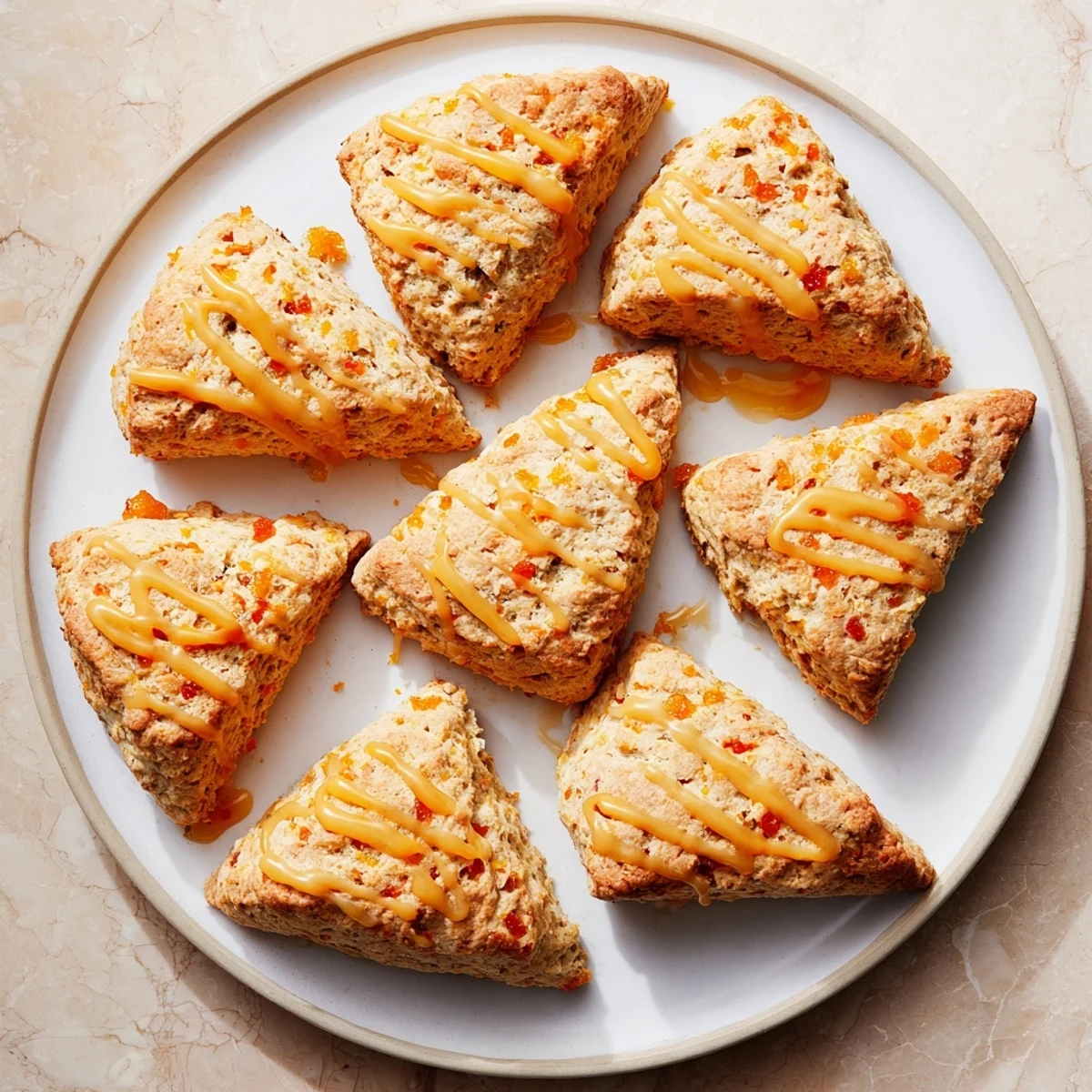 Freshly baked Candied Ginger Orange Scones with golden tops and coarse sugar on a cooling rack.