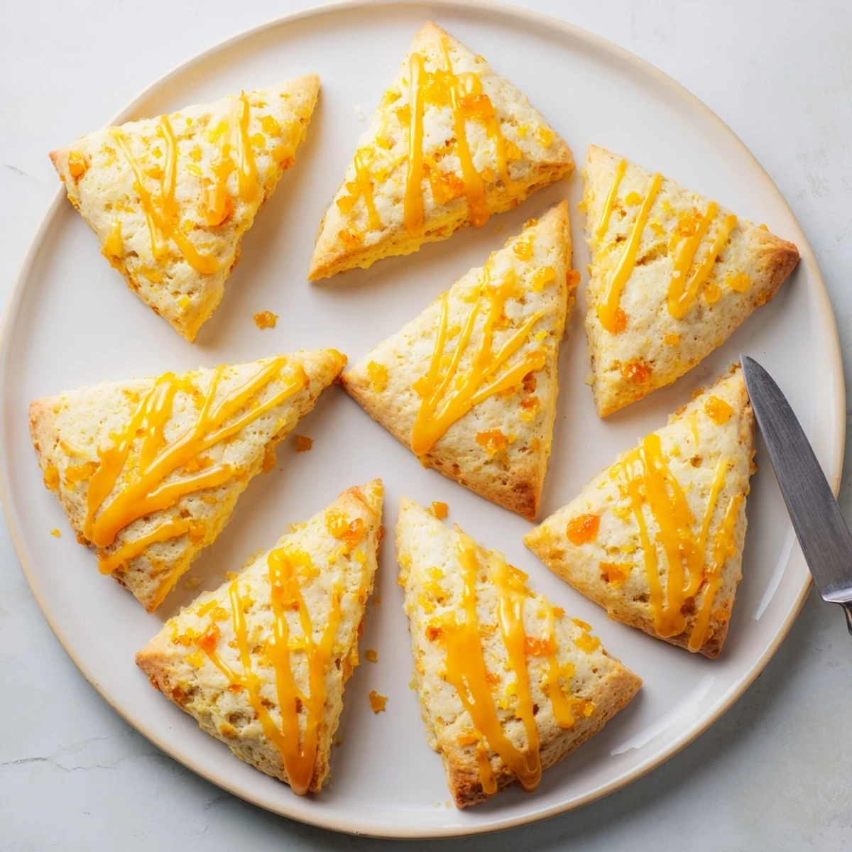 Warm Candied Ginger Orange Scones served beside a cup of Earl Grey tea and clotted cream.