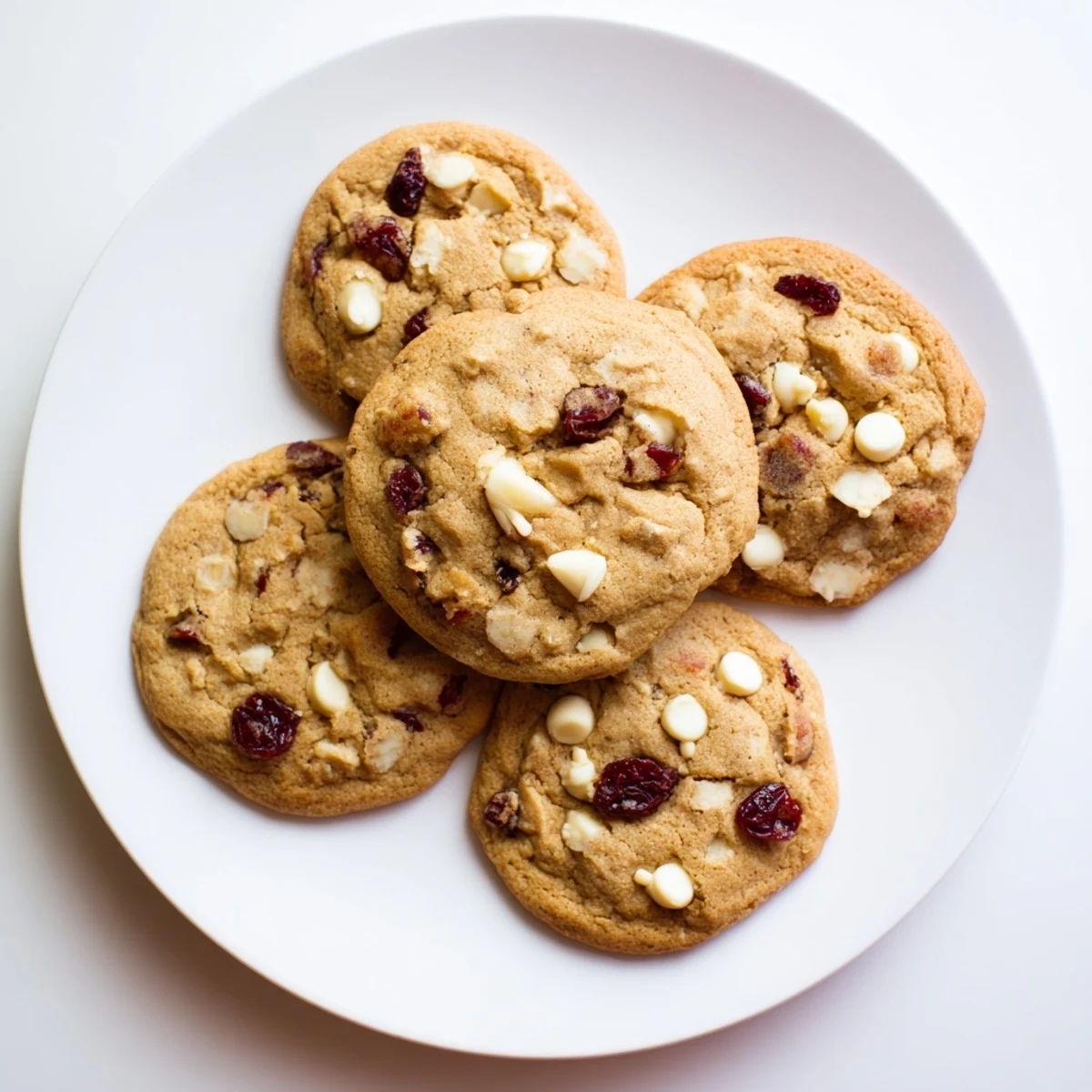 Freshly baked White Chocolate Cranberry Cookies on a rustic wooden board, showcasing chewy centers and golden edges.