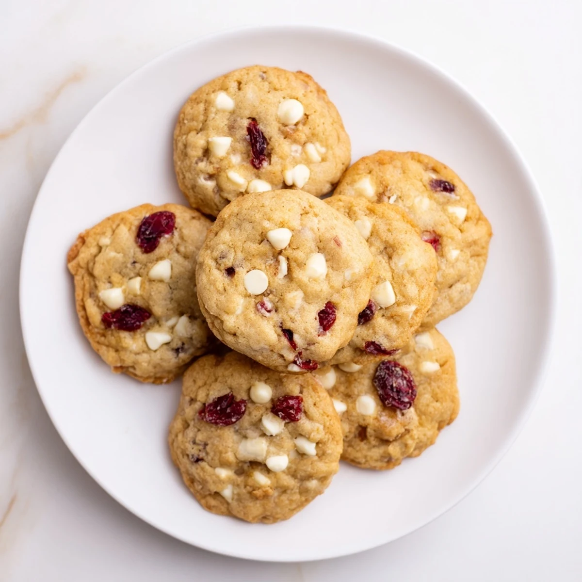 A close-up of White Chocolate Cranberry Cookies with creamy white chips and tart cranberries on a cooling rack.