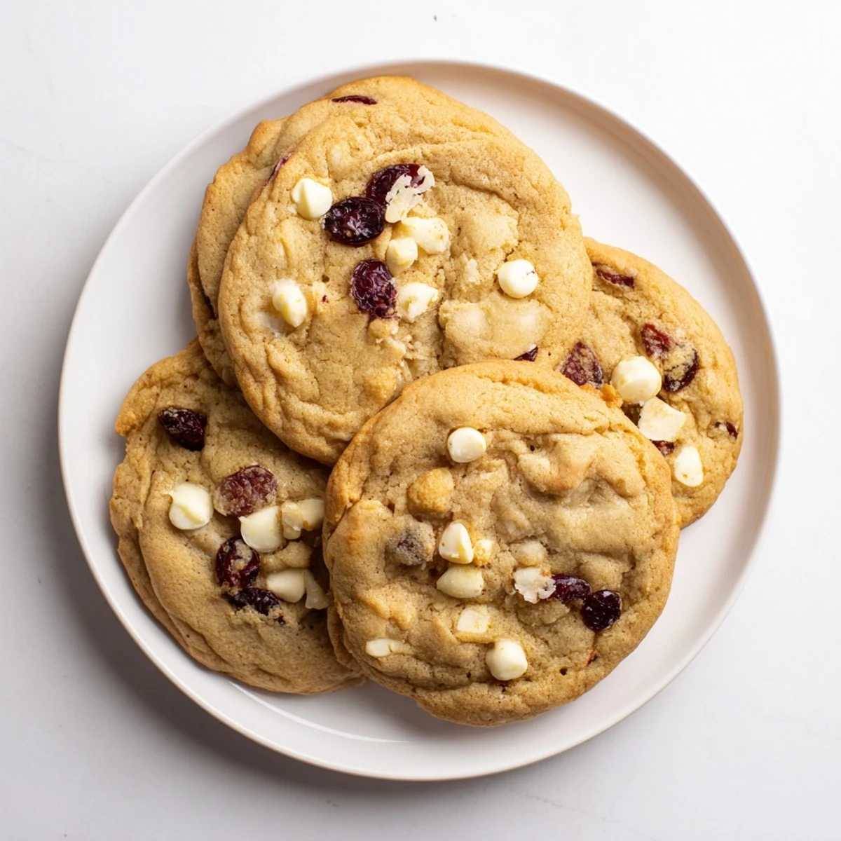 Stacked White Chocolate Cranberry Cookies on a festive plate, perfect for holiday gatherings or cozy afternoon tea.