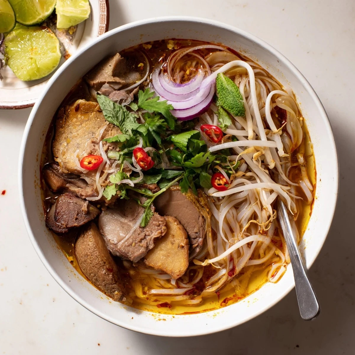 Steaming bowl of Bun Bo Hue with thick rice noodles, tender beef, and aromatic herbs in spicy broth.