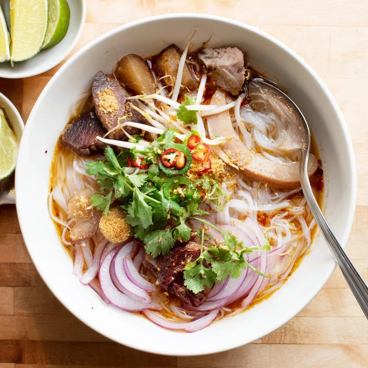 Close-up of Bun Bo Hue topped with lime wedges, fresh basil, and vibrant chili oil drizzle.