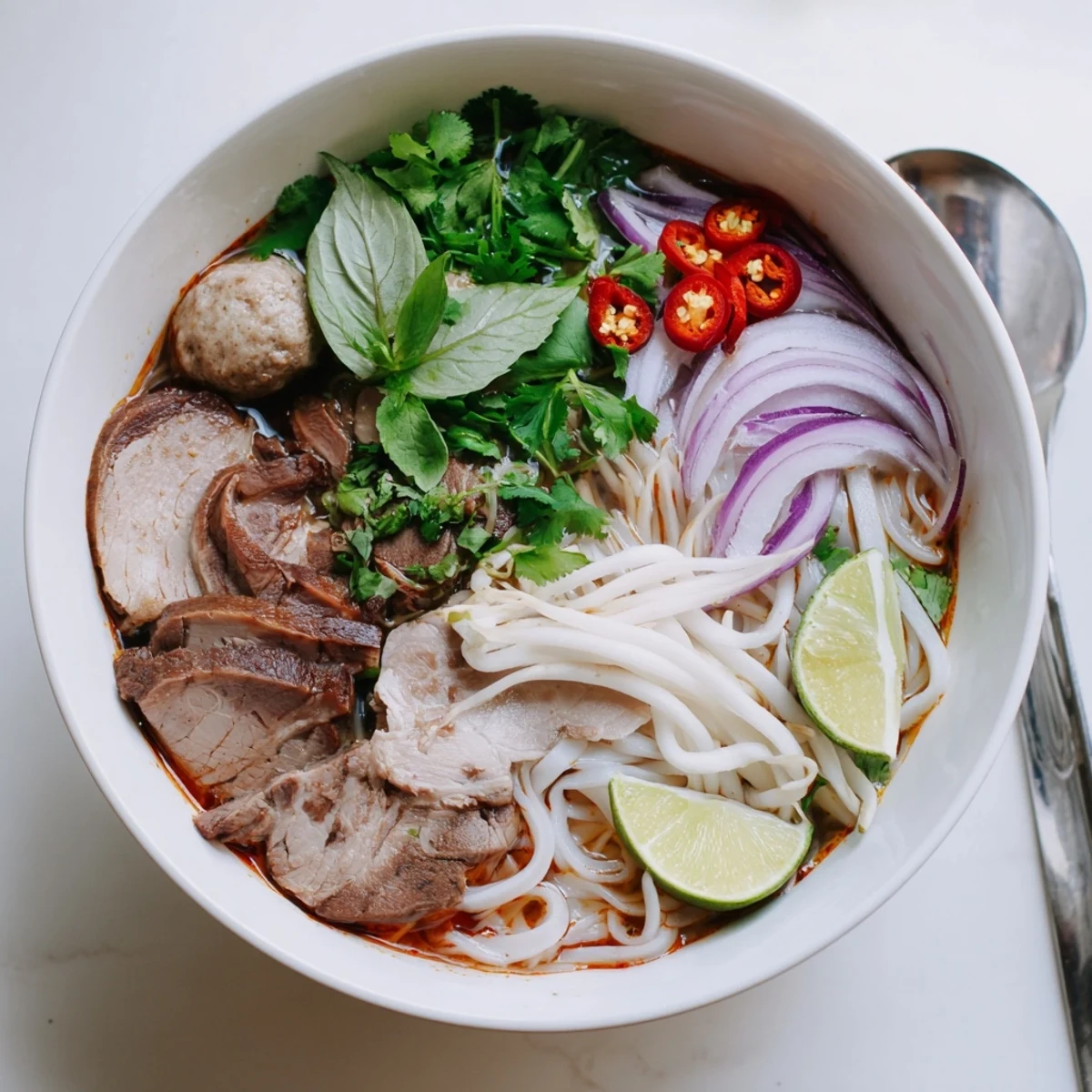Serving of Bun Bo Hue with sliced meats, bean sprouts, and fragrant lemongrass-infused broth.