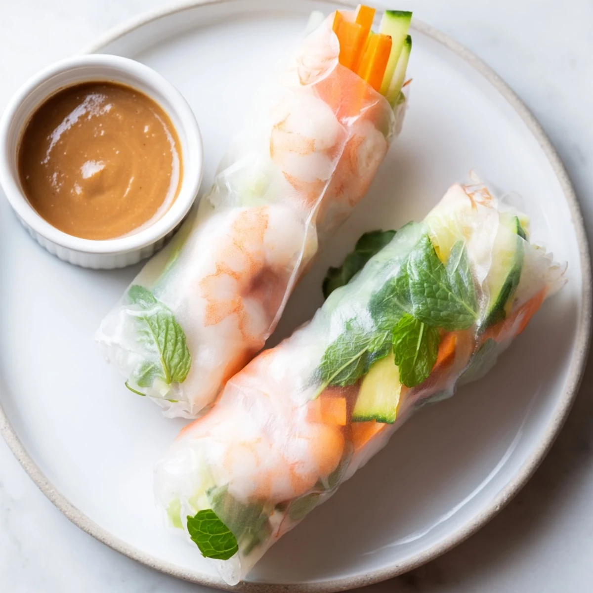 Freshly rolled Vietnamese Spring Rolls with crisp carrots and cucumbers, displayed with peanut dipping sauce.