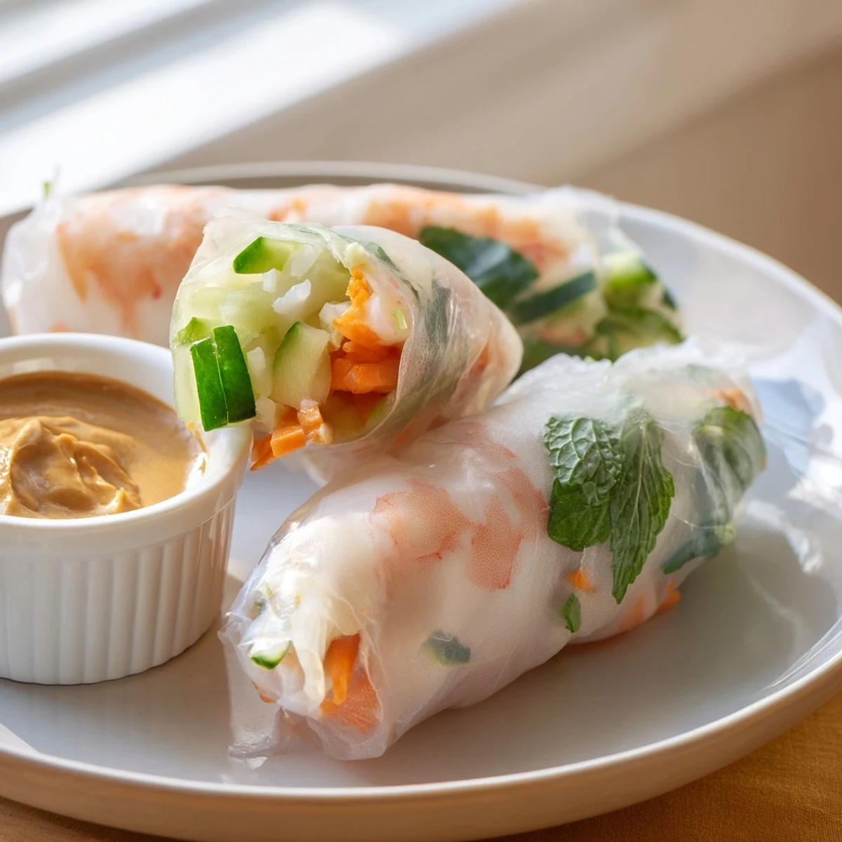 A platter of Vietnamese Spring Rolls featuring shrimp, herbs, and rice noodles, ready to serve.