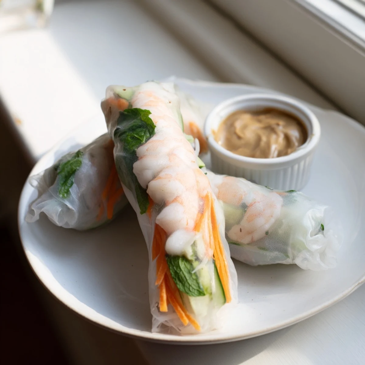 Colorful Vietnamese Spring Rolls with bright vegetables and mint, paired with a creamy peanut sauce.