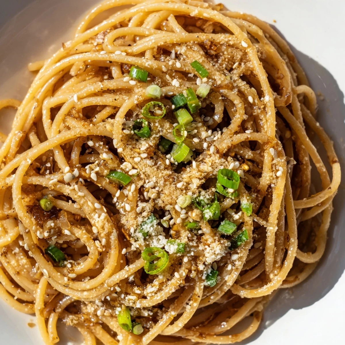 Freshly cooked Garlic Noodles topped with Parmesan, served beside chopsticks on a wooden table.