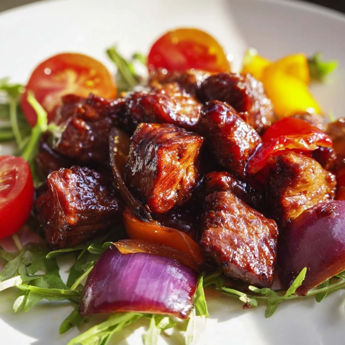 Golden-brown cubes of Vietnamese Shaking Beef sizzling in a wok with red onion and bell peppers beside fresh watercress and tomato slices.