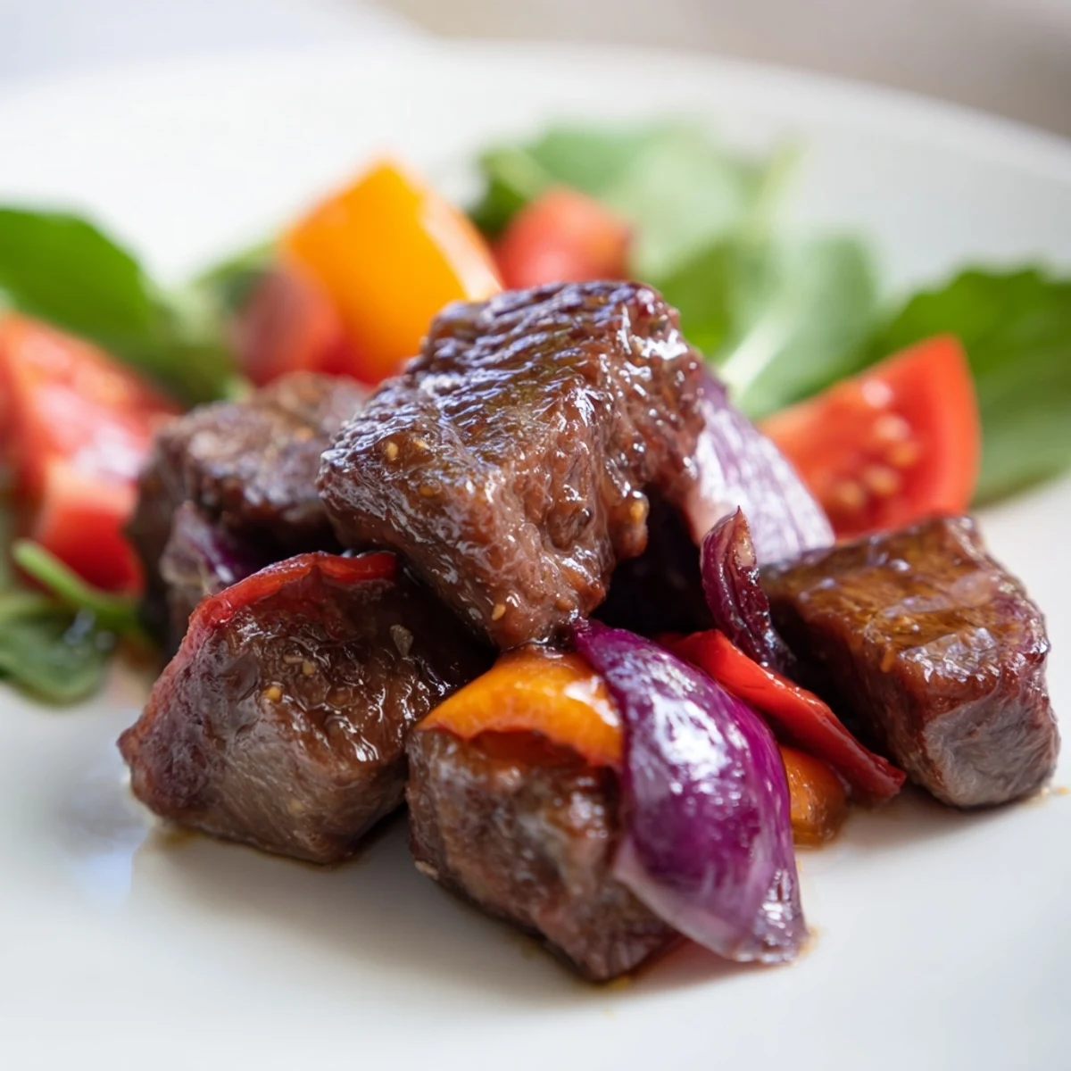 Close-up of Vietnamese Shaking Beef plated with steamed jasmine rice, garnished with spring onions and a wedge of lime for zesty flavor.