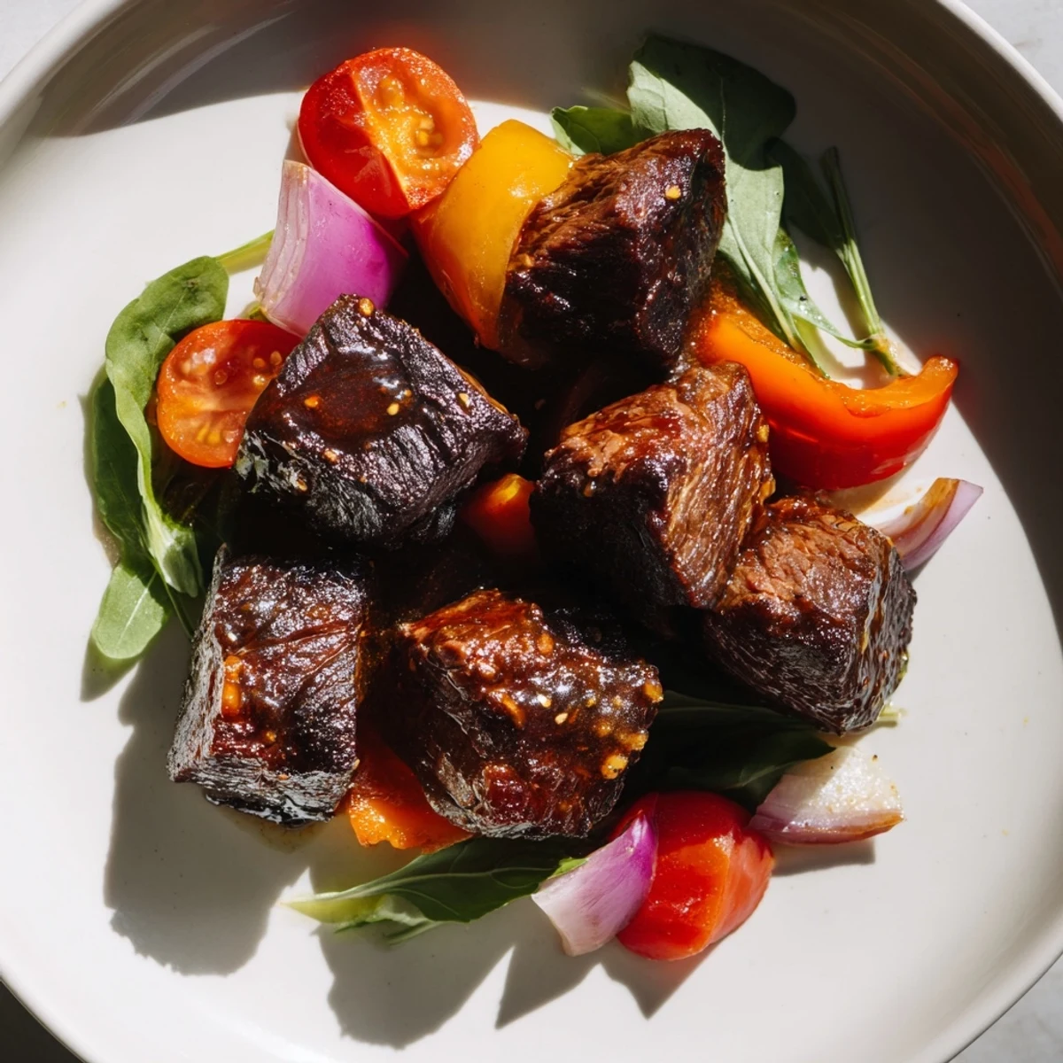 Tender Vietnamese Shaking Beef cubes tossed with crisp veggies and a bright lime dipping sauce on a bed of greens for family-style sharing.