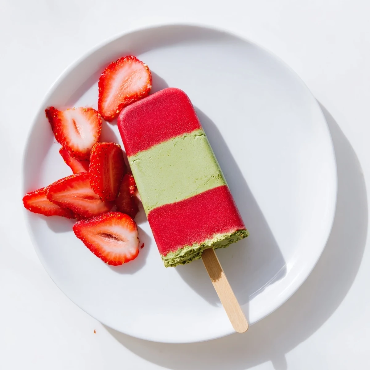 Strawberry Matcha Latte Popsicles show vibrant pink and green layers in a popsicle mold, with fresh berries and mint nearby.