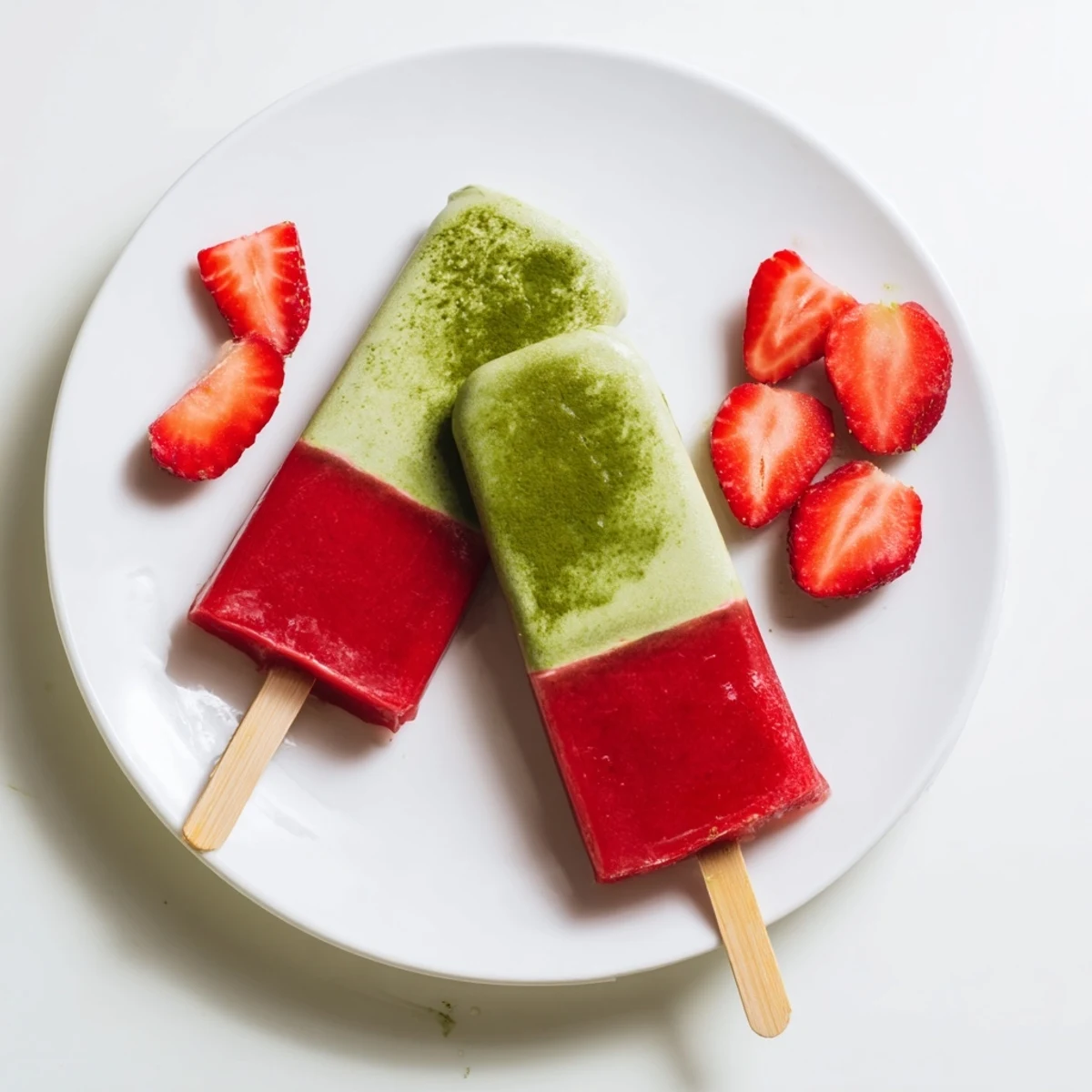 A close-up of Strawberry Matcha Latte Popsicles reveals creamy texture and dripping drizzle, perfect for a refreshing summer snack.