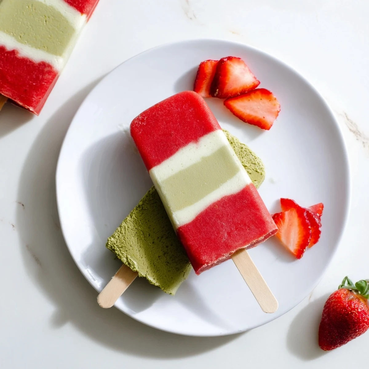 Homemade Strawberry Matcha Latte Popsicles displayed on a rustic plate with sliced strawberries, ideal for a vegetarian, gluten-free dessert.