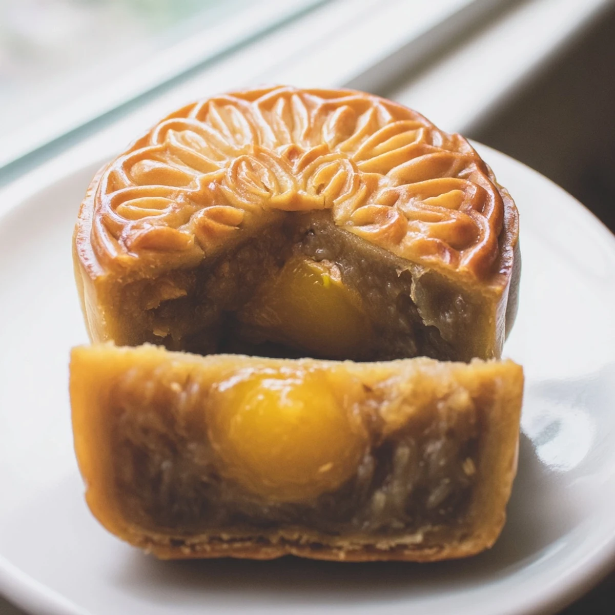 A beautifully baked mooncake with a golden-brown, slightly glossy crust and intricate floral pattern rests on a white plate, ready to be enjoyed.