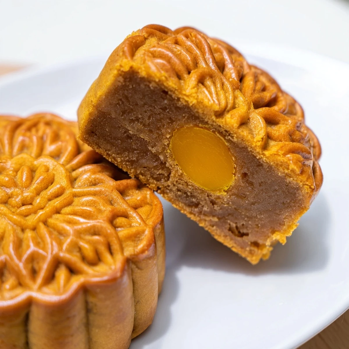 Soft, tender pastry encasing a rich lotus seed paste mooncake, with a savory salted egg yolk peeking through the center, served alongside a steaming cup of tea.