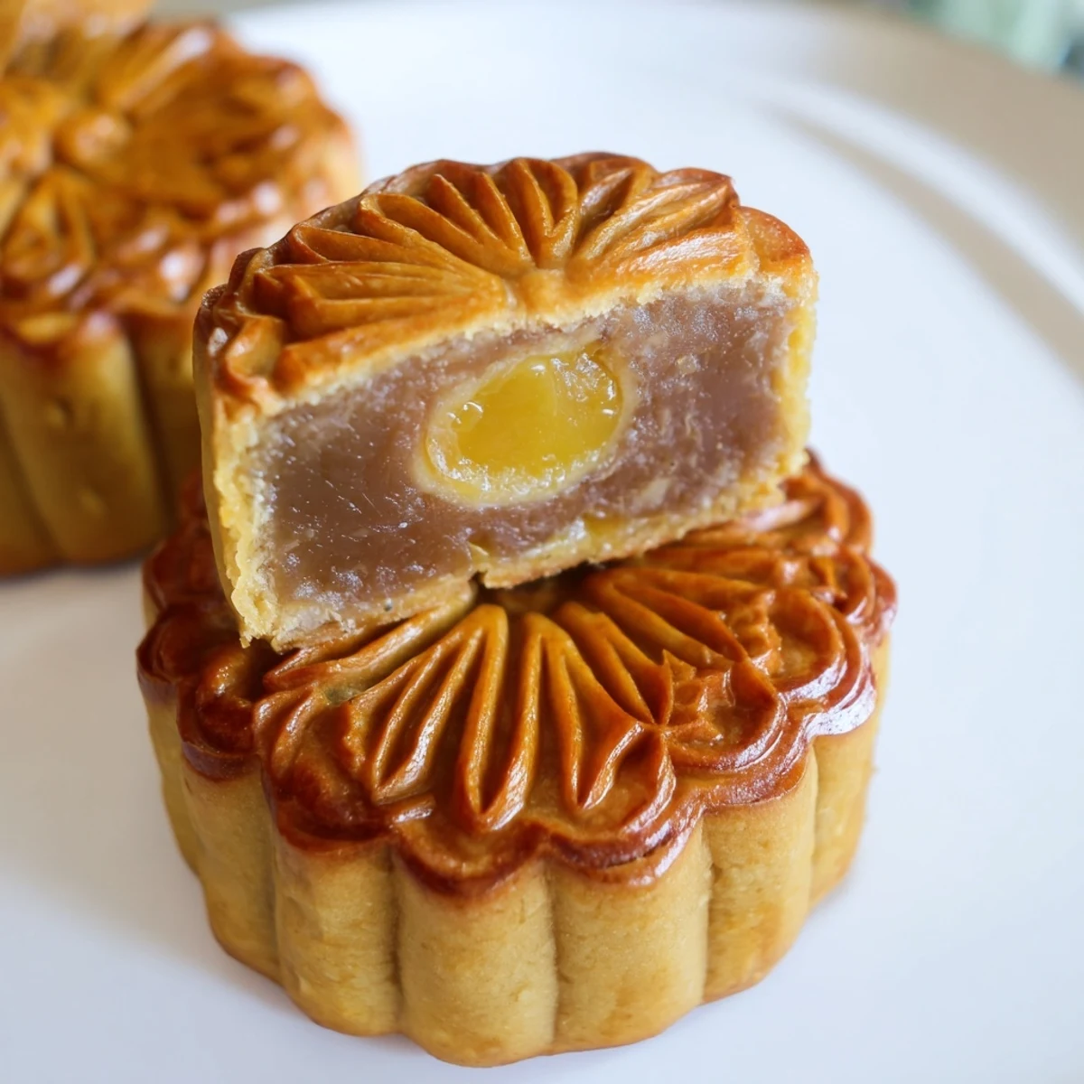 Traditional Chinese mooncake with a dense, sweet filling and a delicate crust, perfectly cooked with a matte golden finish and placed on a rustic wooden board.
