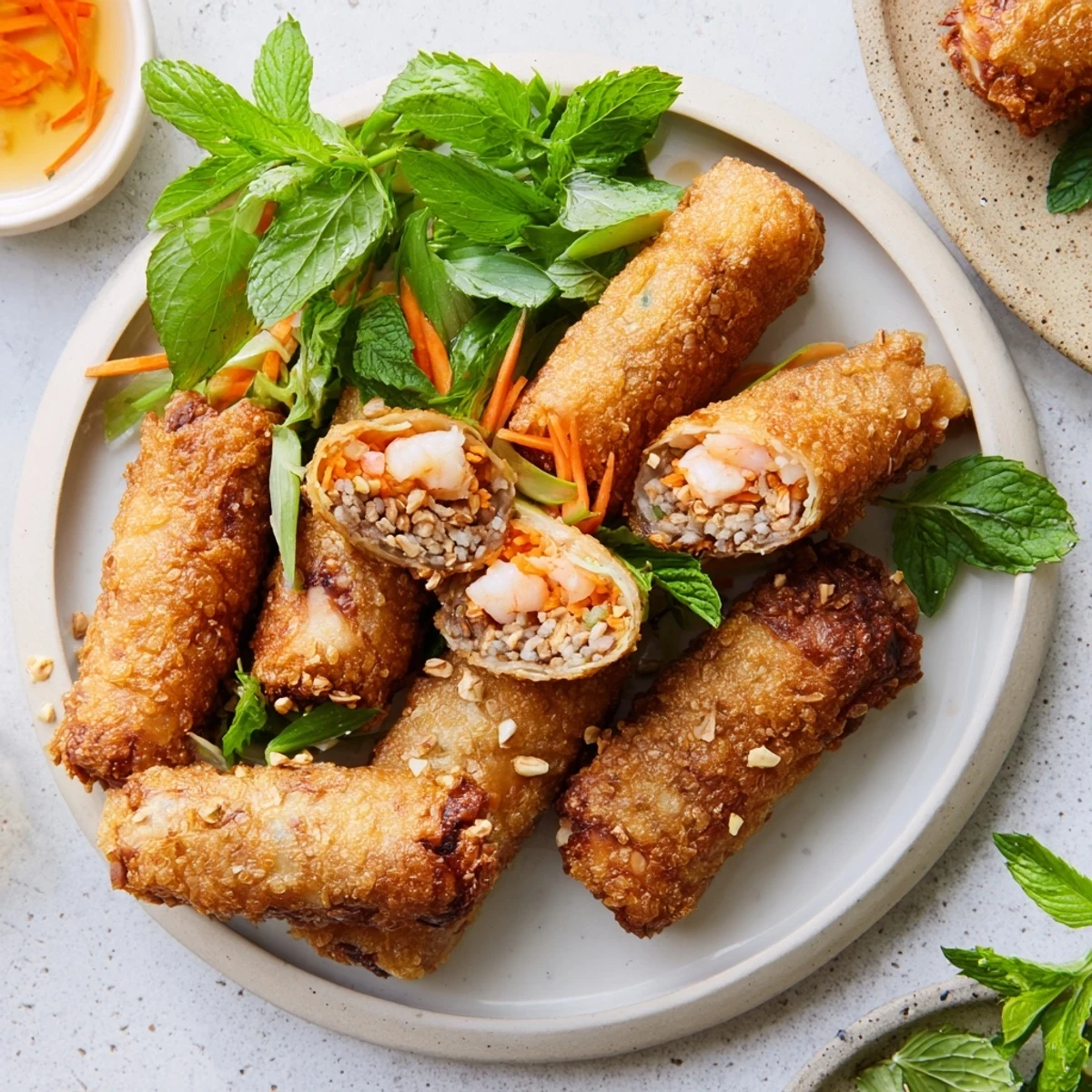 Golden-brown Cha Gio spring rolls arranged on a plate with fresh lettuce and herbs for dipping.