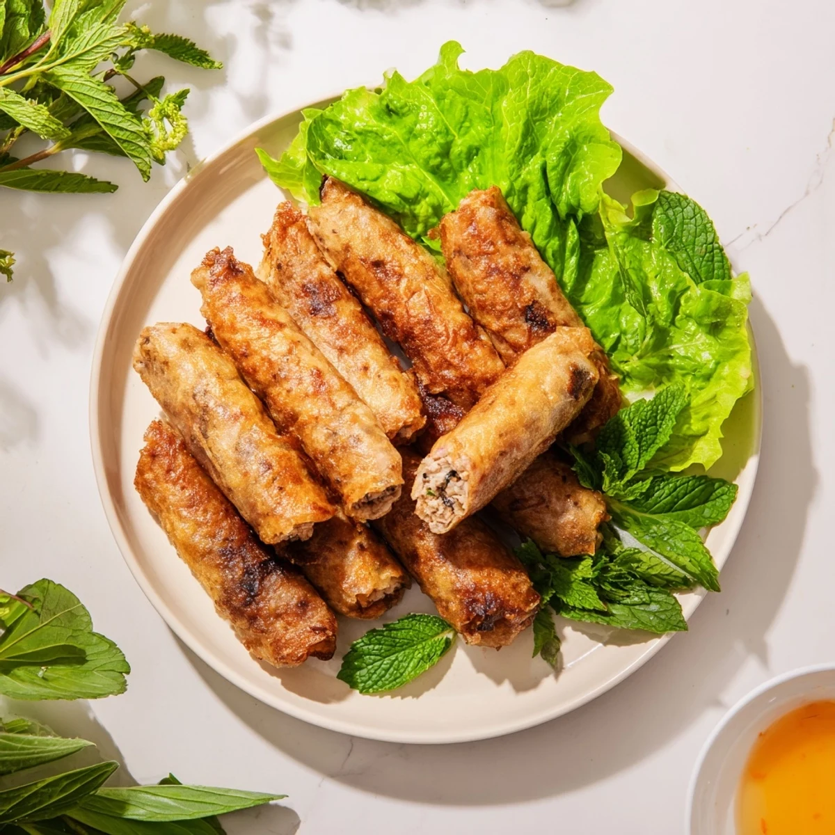 Crispy fried Cha Gio rolls served alongside a small bowl of tangy Vietnamese dipping sauce.