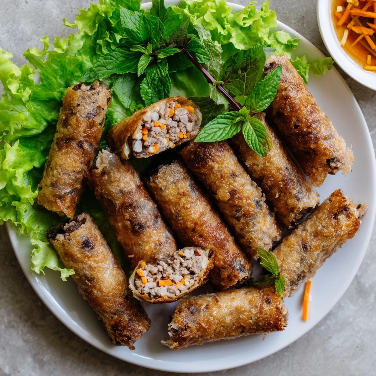 Close-up of freshly fried Cha Gio showing the crunchy exterior and savory pork and shrimp filling.