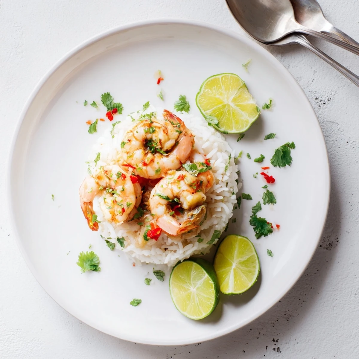 Juicy Spicy Lemongrass Shrimp on a bed of fluffy coconut rice garnished with cilantro and lime.