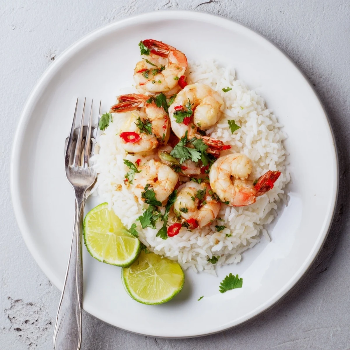 Steaming coconut rice topped with golden sautéed Spicy Lemongrass Shrimp and vibrant chili slices.