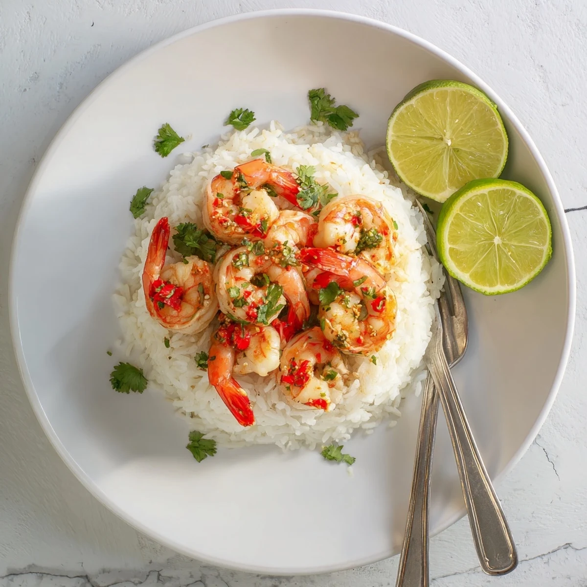 A close-up of succulent Spicy Lemongrass Shrimp beside fragrant jasmine coconut rice in a white bowl.