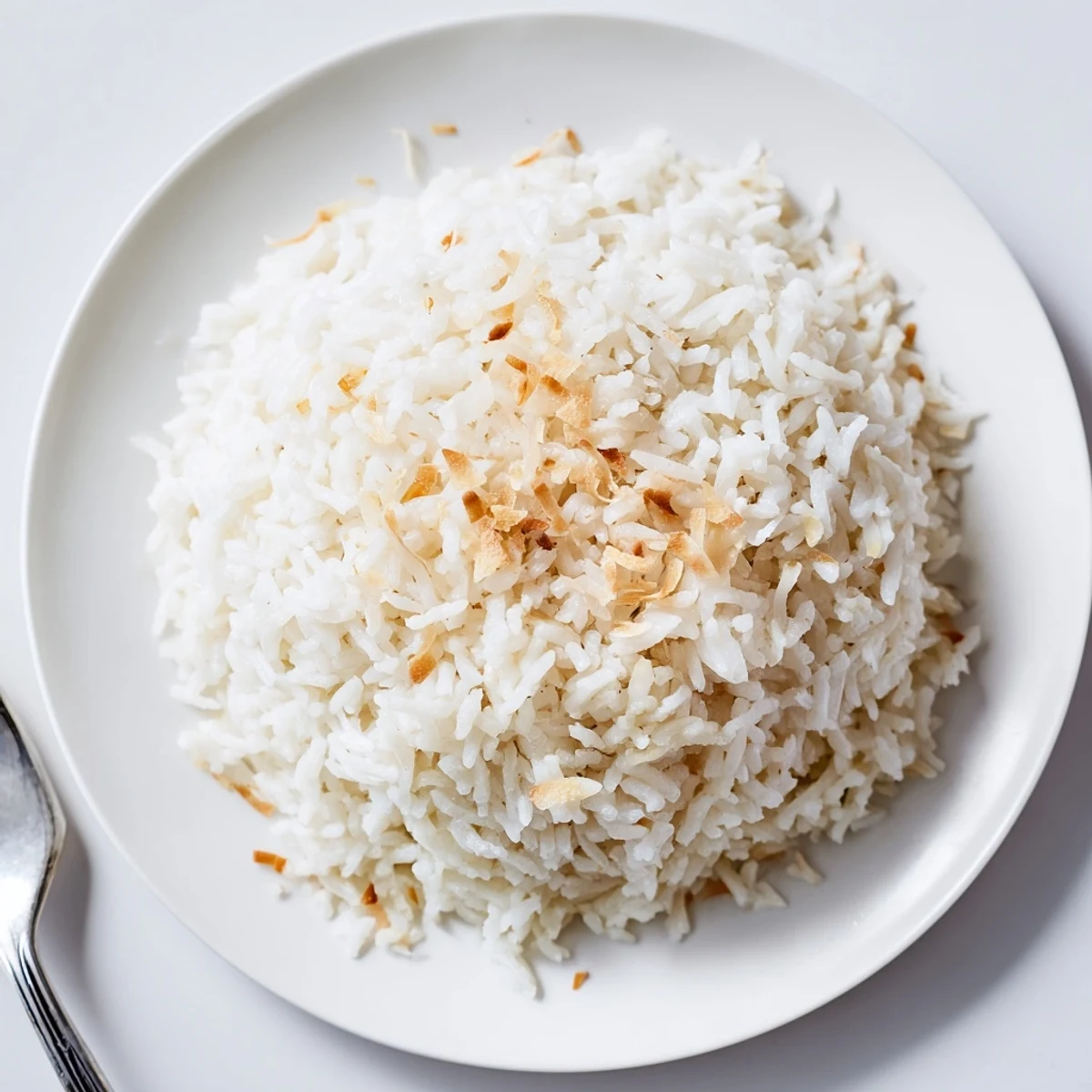 Fluffy white grains of The Best Coconut Rice glisten with coconut milk in a rustic ceramic bowl on a wooden table.