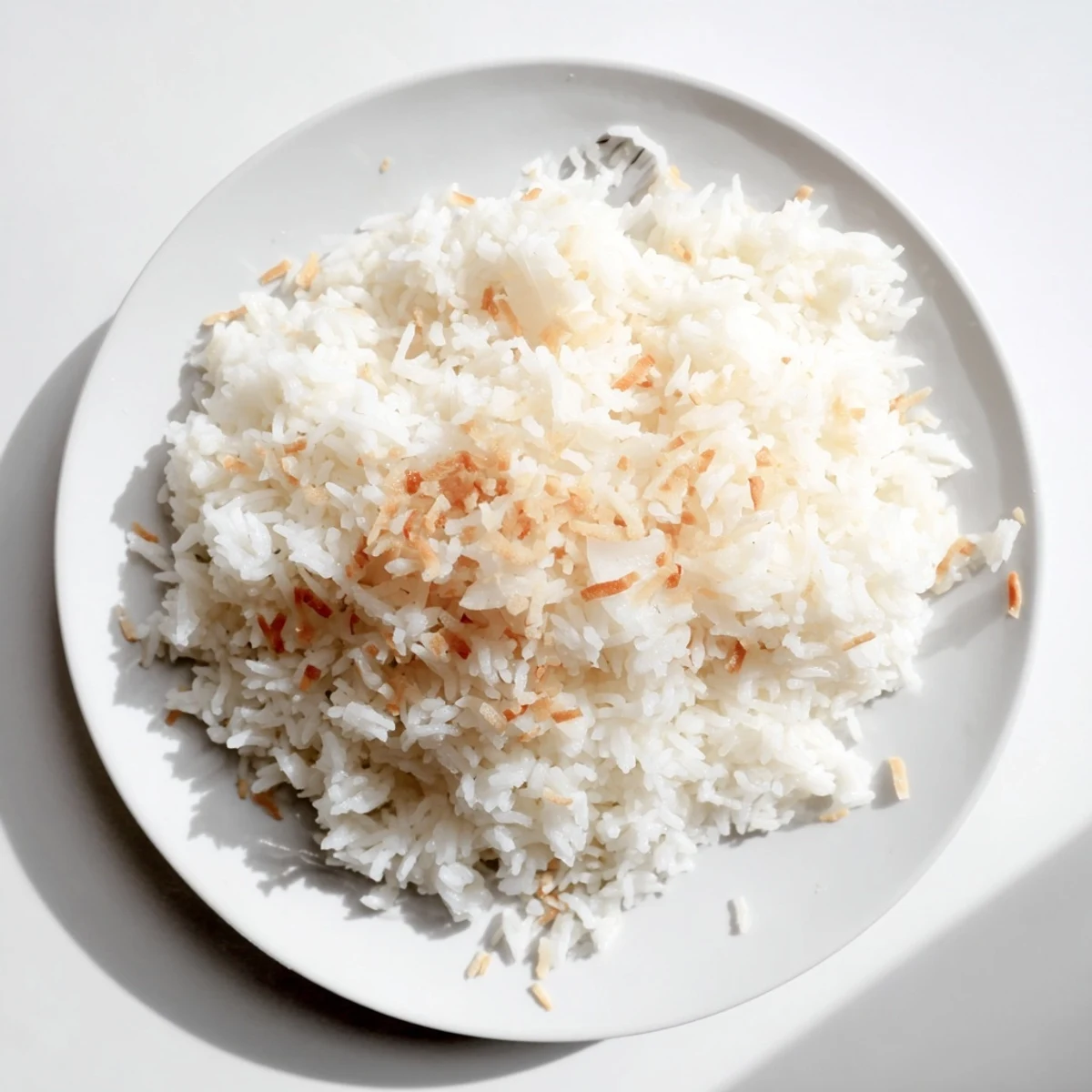A fork lifts tender mounds of The Best Coconut Rice, with toasted coconut flakes scattered over the top for garnish.