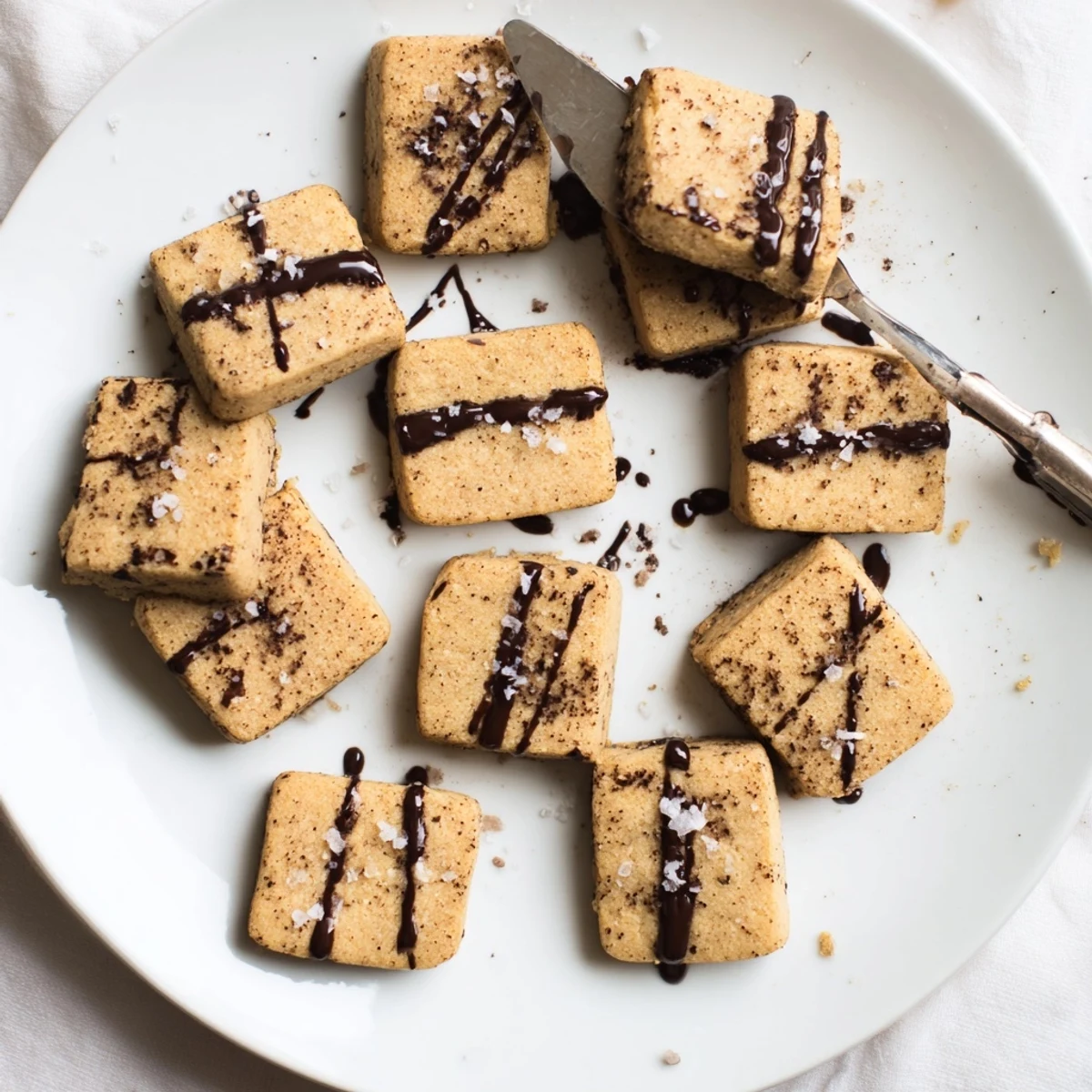 Golden-brown espresso shortbread cookies on a rustic wooden board, dusted with espresso powder and flaky sea salt, ready to enjoy.
