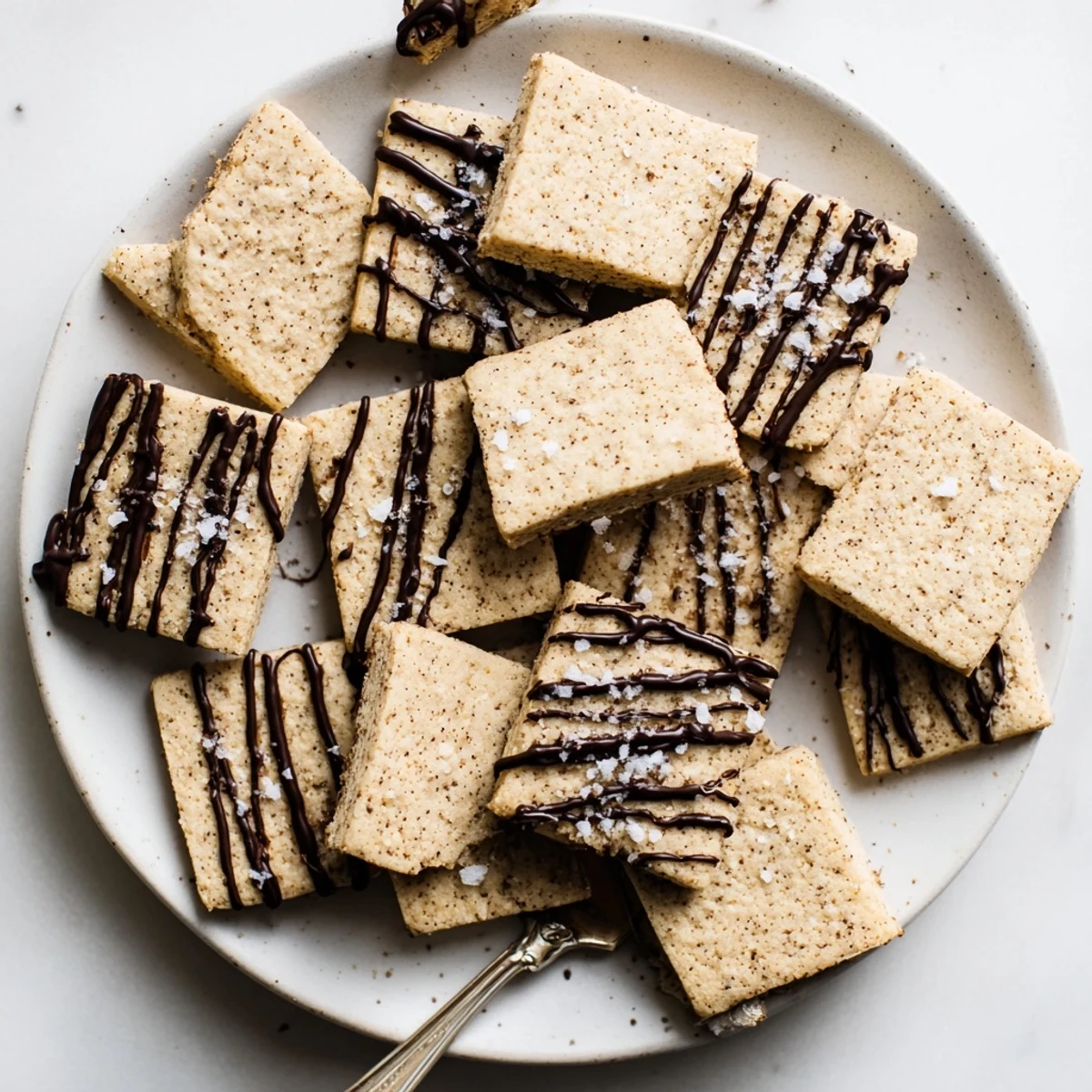 Two espresso shortbread cookies on a white plate with a coffee cup, drizzled with melted dark chocolate for a sweet contrast.