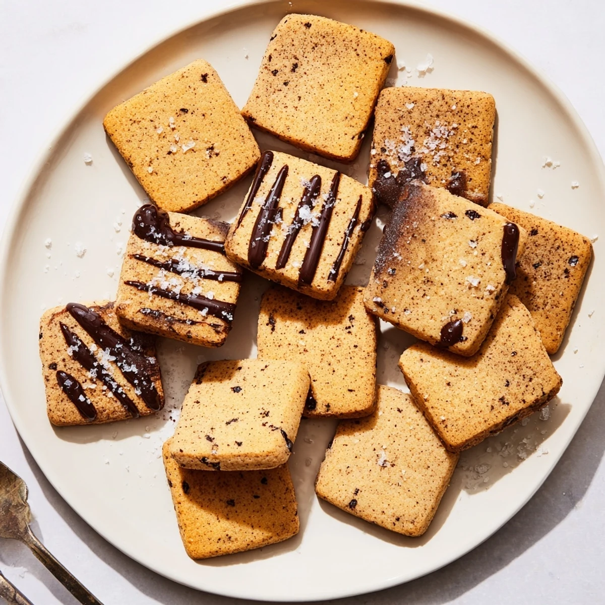 Stack of freshly baked espresso shortbread cookies showing their crumbly texture, perfect for an afternoon coffee treat.