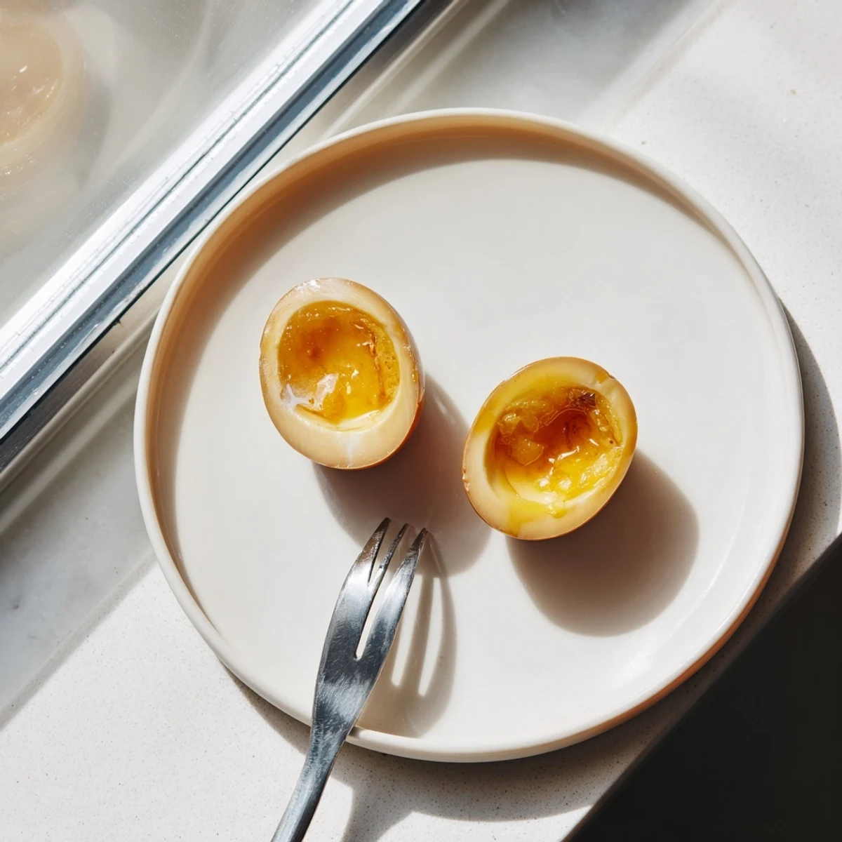 Four marinated ramen eggs glisten with a glossy soy glaze, their jammy yellow yolks visible in a halved slice atop steaming ramen noodles.